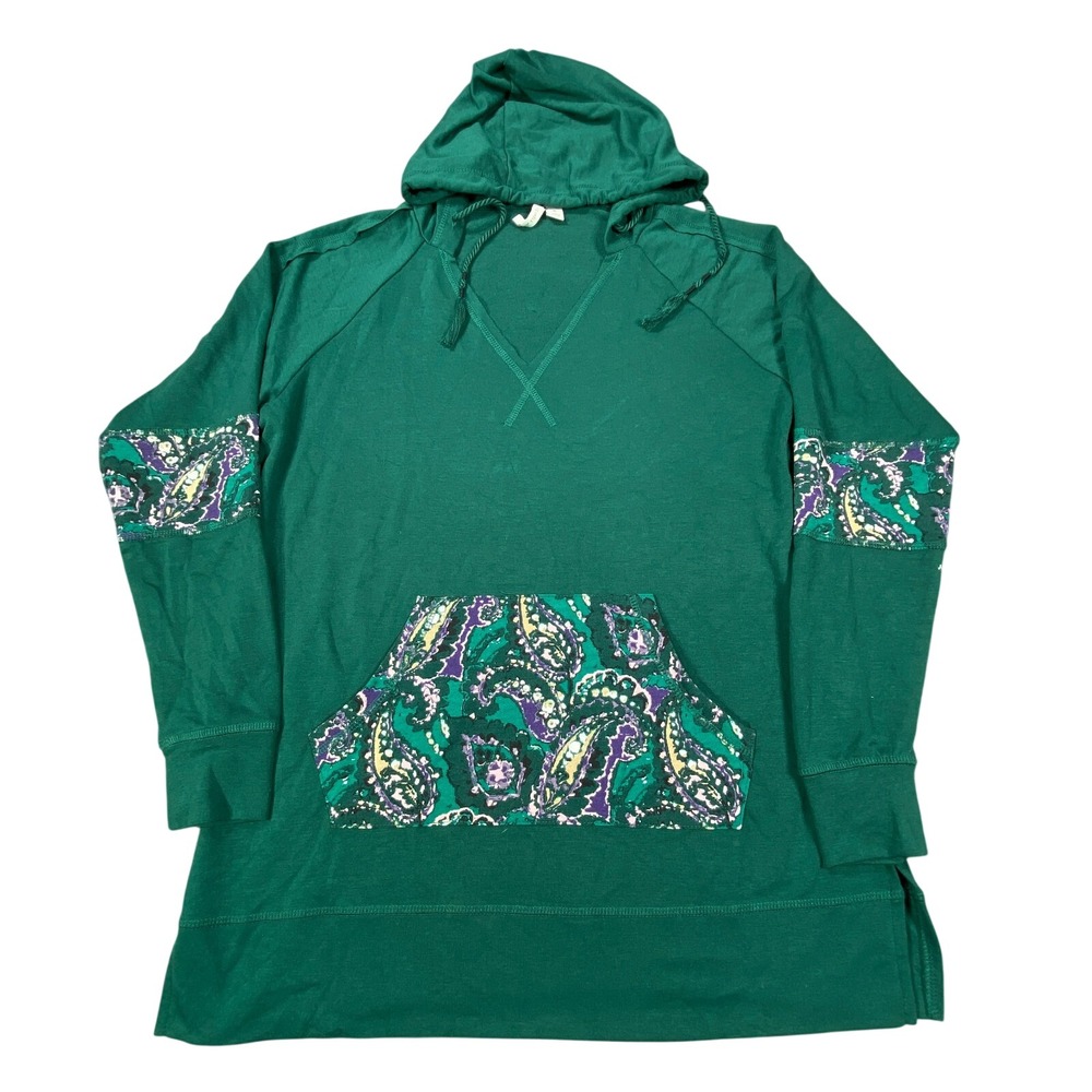 Womens Small Hoodie Green Paisley Lightweight Elbow Patch Boho Casual Pullover